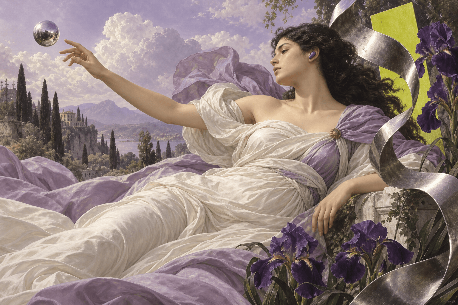 An original Renaissance-inspired figure reaching toward a chrome sphere, surrounded by lavender fabric and purple irises